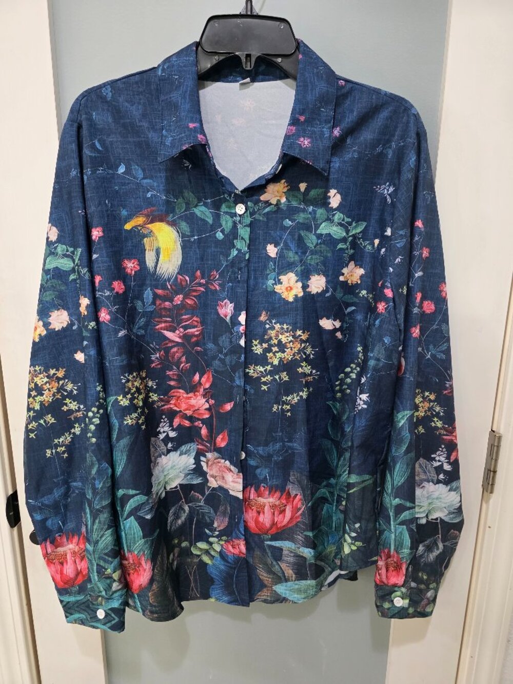 XXL Floral Shirt‎ Long Sleeve Button Down Blouse Bird Print Tropical Resort Wear